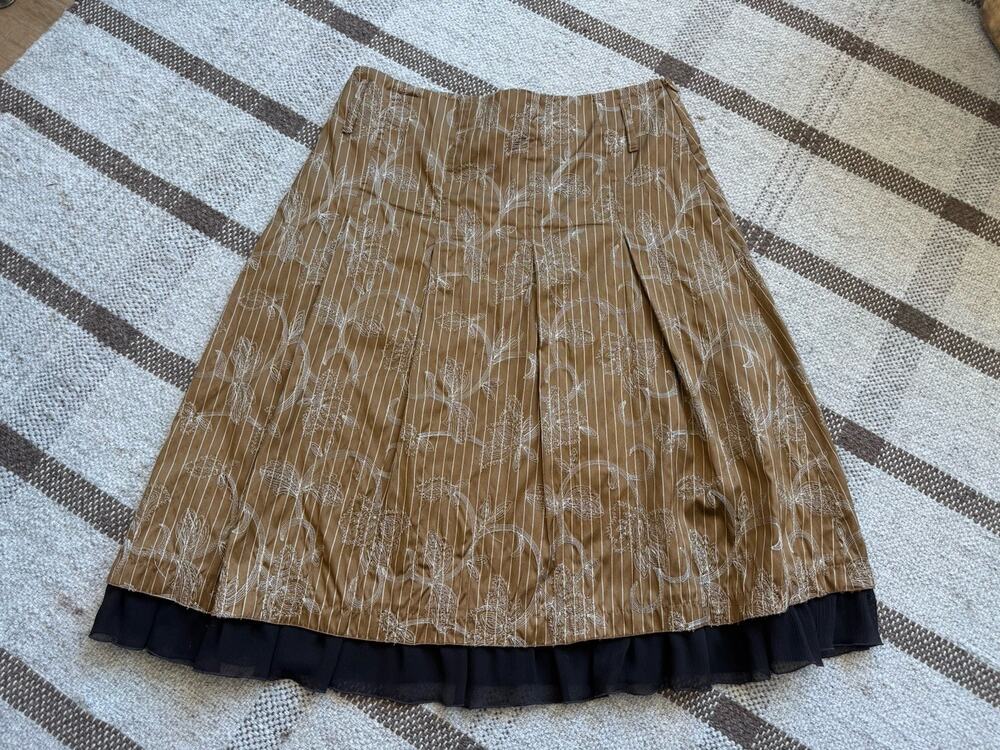Peserico Silk A Line Embroidered Pleated Ruffle Skirt 42 Brown Medium Y2K